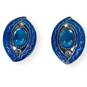 Vintage Enameled Earrings Oval Shaped Pierced Earrings 90s Style Blue Silver